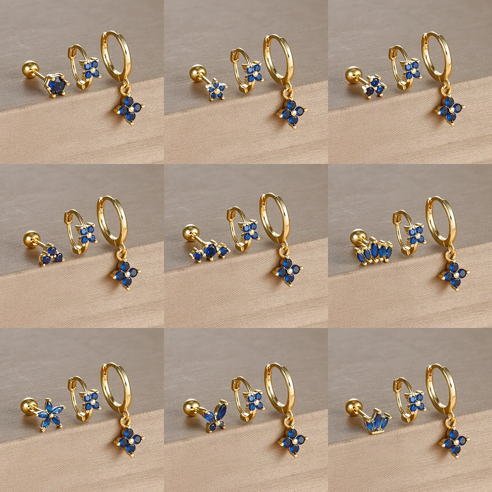 3 szt. Drobny kwiat ze stali nierdzewnej niebieskie cztery cyrkonie małe kolczyki koła zestaw dla kobiet Tragus Helix chrząstka Piercing biżuteria