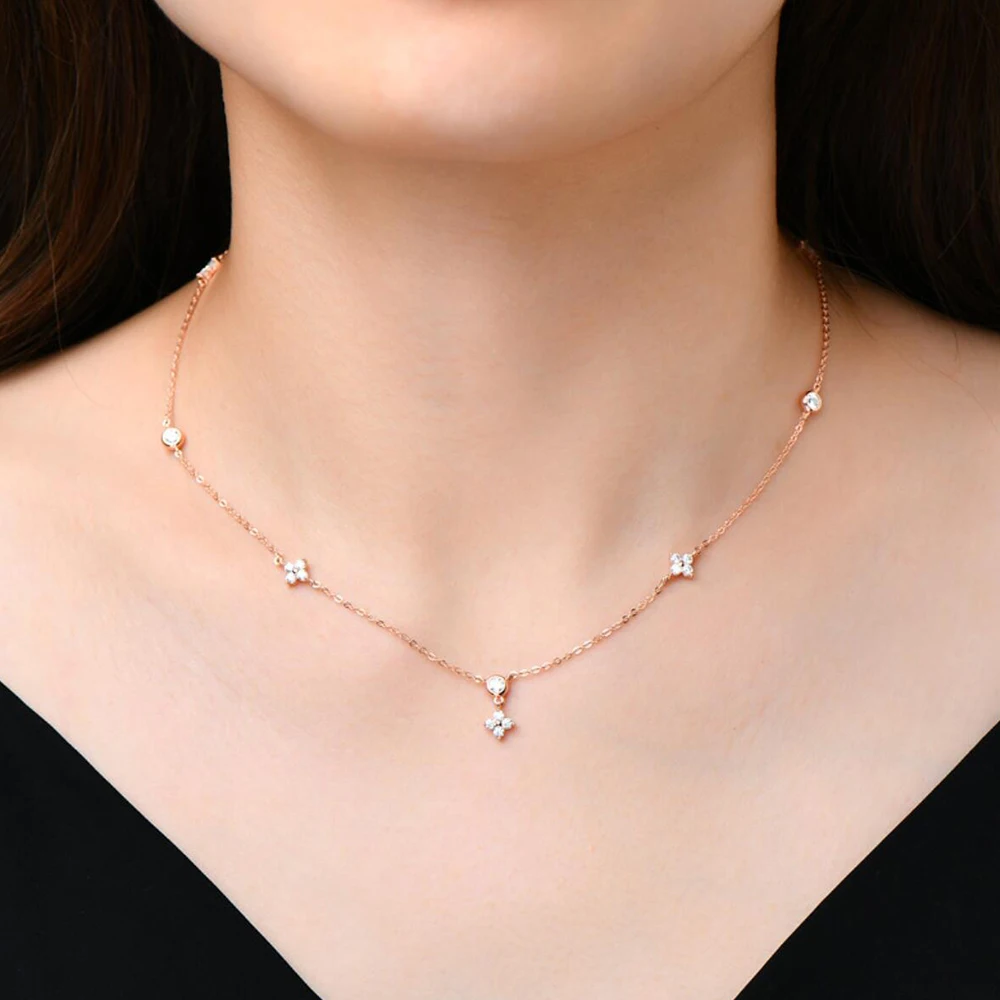 Rose Gold Four Leaf Clover Moissanite Necklace 925 Silver Plated 18k Yellow/White Gold Diamond Choker Chain for Women Jewelry