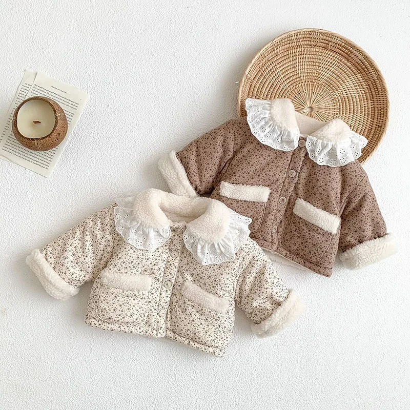 MILANCE Baby Clothes Fur Lining Infant Girls Parkas Floral Girls Ourfit Fleece Coat