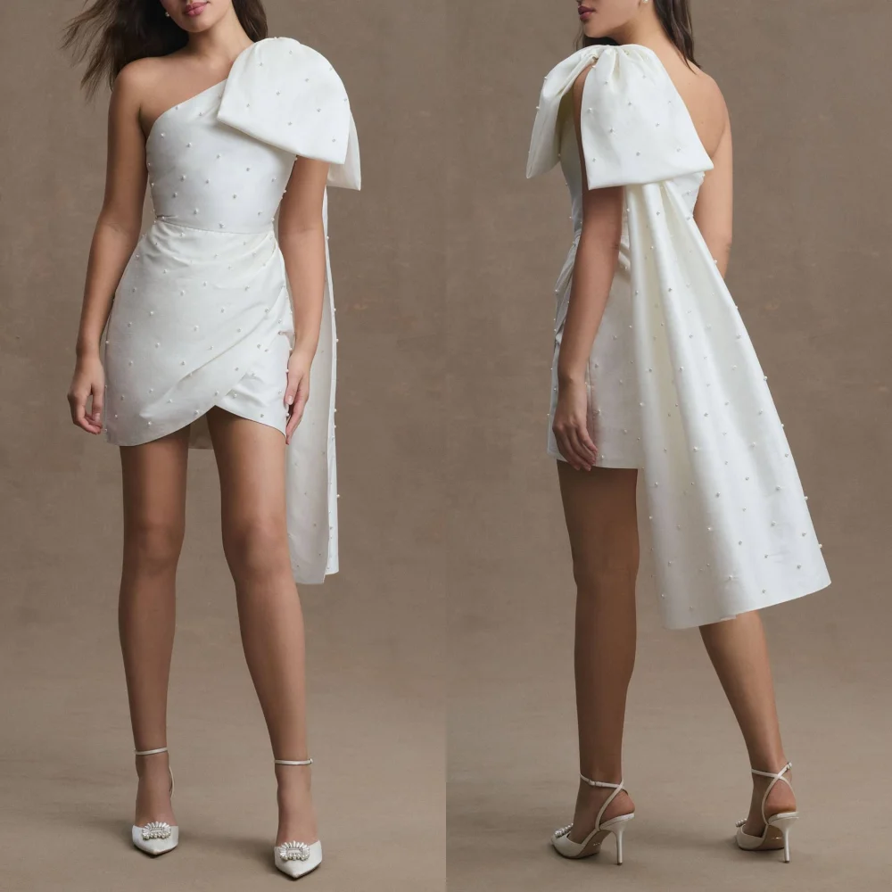 

Customized Modern Style Elegant Chiffon Pearl Bow Pleat Straight One-shoulder Mini Dresses Bespoke Occasion Dresses High Quality