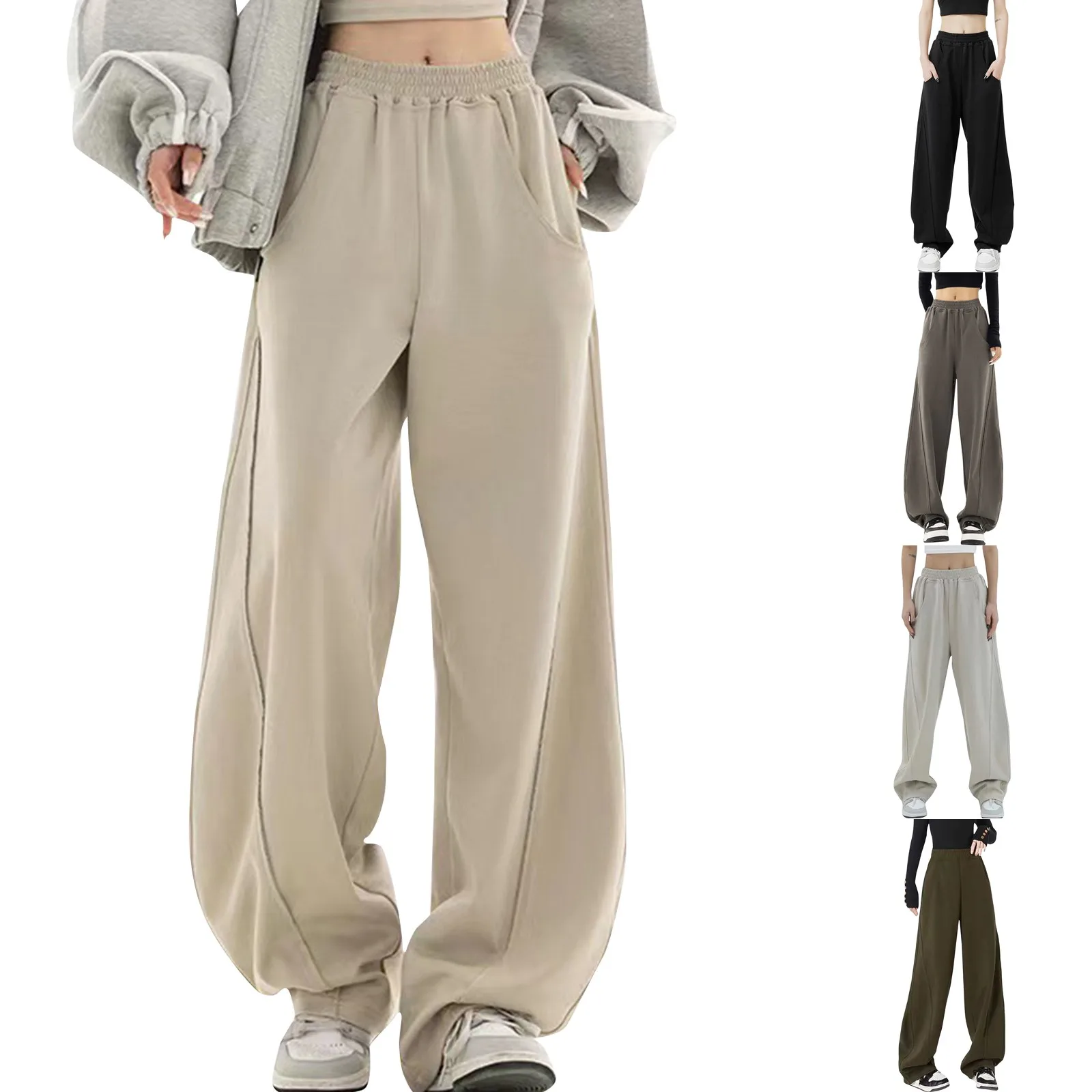 

Women's Sports Pants Casual New Elastic Pockets Joggers Straight Tube Loose Sanitary Pants Trendy High Waisted Wide Pants