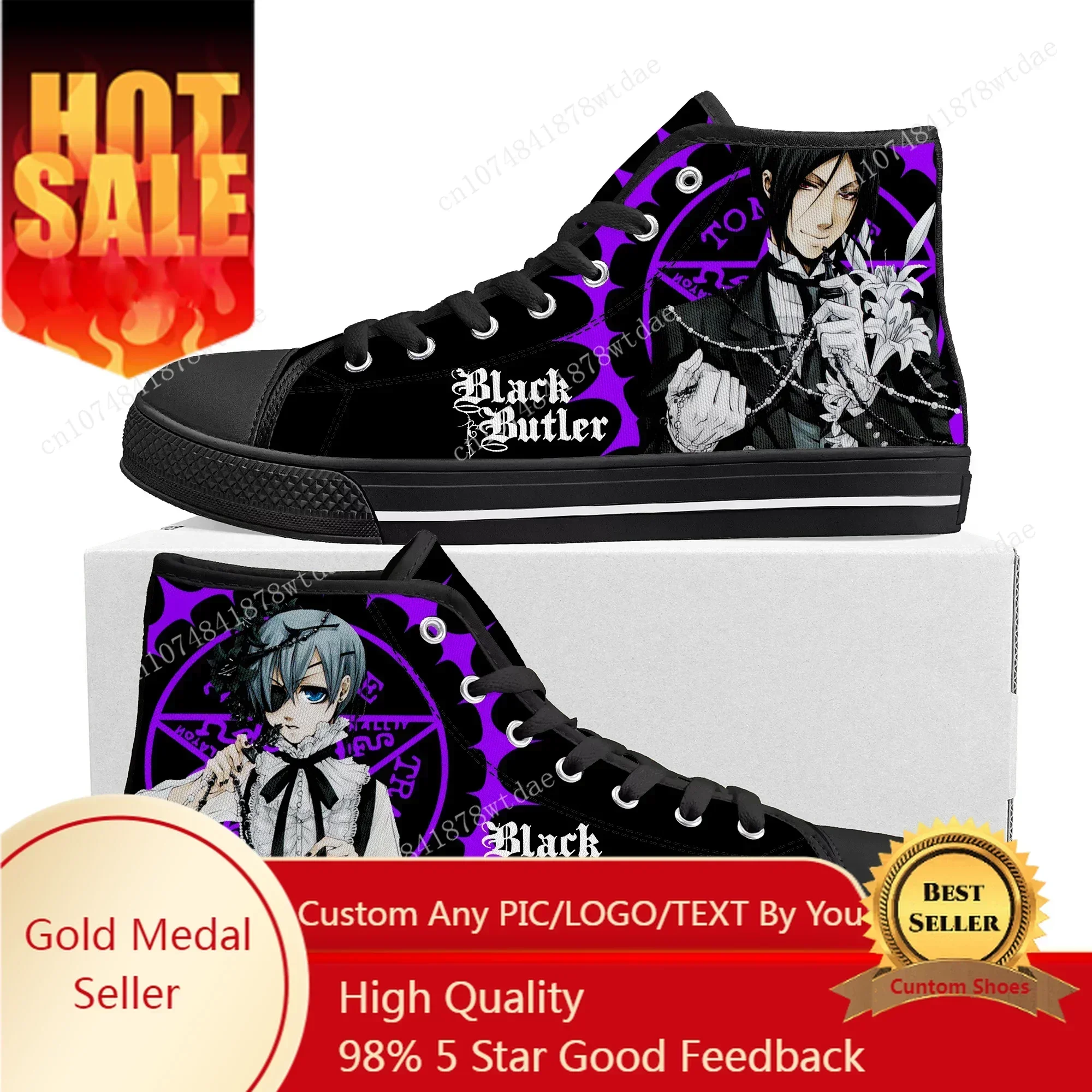Black Butler High Top Sneakers Mens Womens High Quality Canvas Sneaker Japanese Anime Cartoon Casual Custom Made Shoes