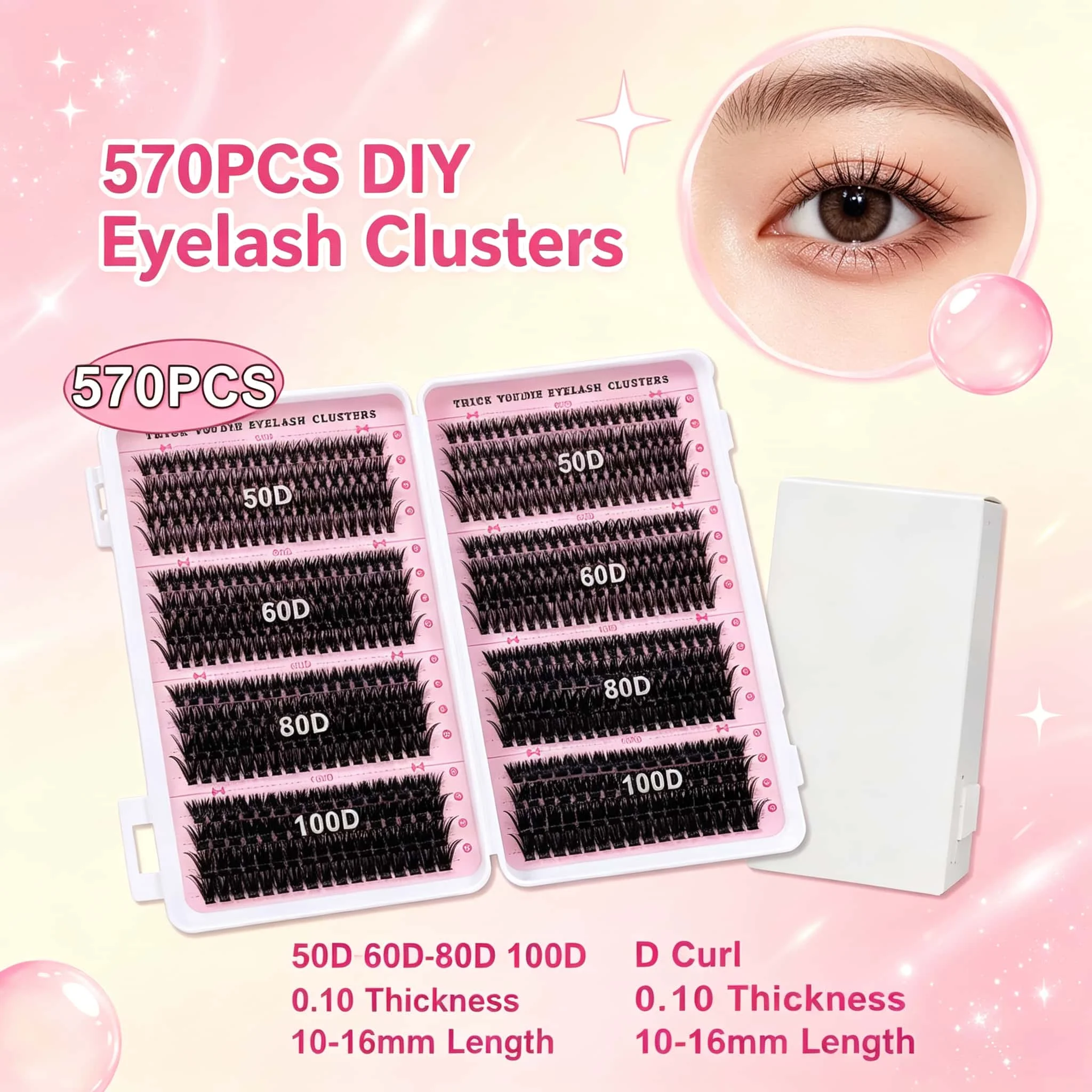570PCS DIY Lash Extension Clusters Kit - D Curl 0.1mm Ultra-Thin Band Individual Lashes, Soft Wispy Natural Lash Clusters for Be