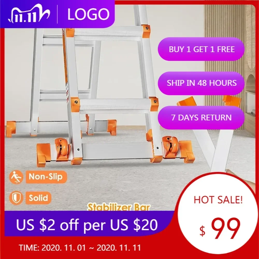 سلم تمديد متعدد المواضع بطول 17 قدم مع مثبت وعجلات، سعة تحميل 330 رطلاً #1