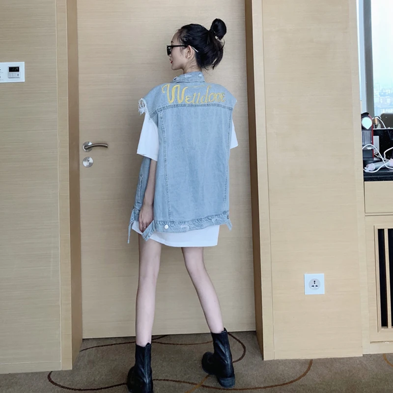 Gilet en Denim pour femmes, tendance, rue, printemps automne, ample, coussin d'épaule, Jaet Harajuku, vêtements de travail, gilet d'extérieur