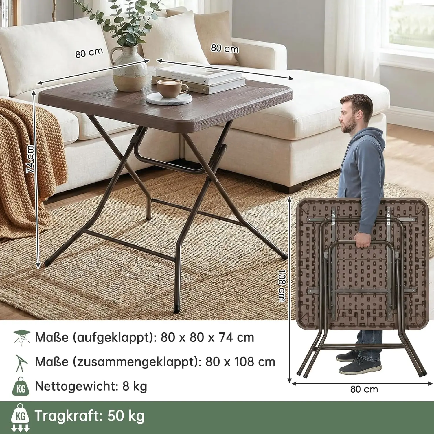 Wasserdichter Gartentisch, Klapptisch 80 x 80 x 74 cm, Balkontisch mit Stahlrahmen, verdicktes HDPE, für Party-Küche, Wohnzimmer – Detail 19