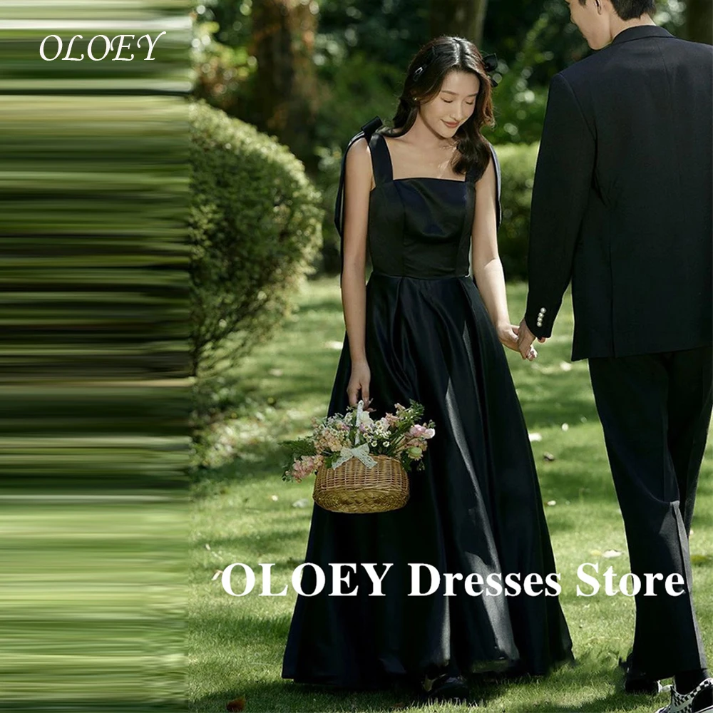 

OLOEY Simple Black Evening Party Dresses Korea Wedding Party Adjustable Straps Formal Gowns Corset Customized Plus Size