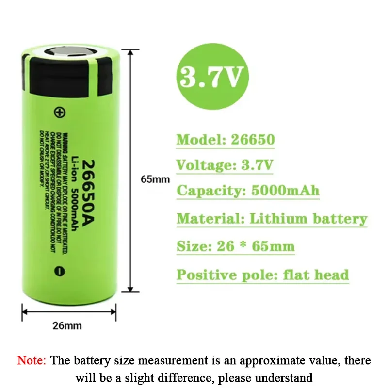 Original 26650A Lii-50A 26650 5000mAh High Capacity 3.7V Lithium Battery for Flashlight Power Bank Li-ion Rechargeable Batteries