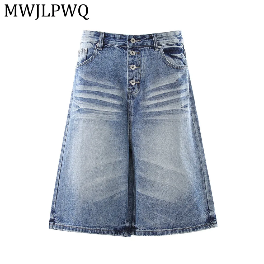 

MWJLPWQ Washed Distressed Wide-Leg Denim Shorts For Men Summer Trendy Button-Open Frayed Edges Loose Fit Knee-Length Pants 14942