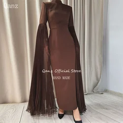 Qanz Classical Brown Evening Dresses Cape Sleeves Satin Vestidos De Fiestas Elegantes Customized Mujer Long Prom Dresses