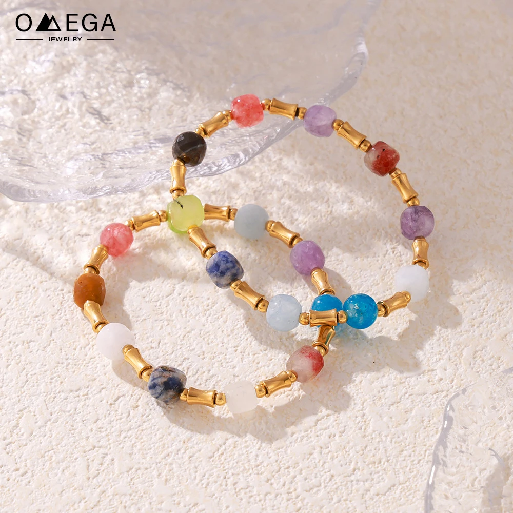 Multicolor Natural Stone Beads Combined Stainless Steel Bracelet For Women Gold Plated Bohemia Wommen\'s Hand Elastic Bracelets