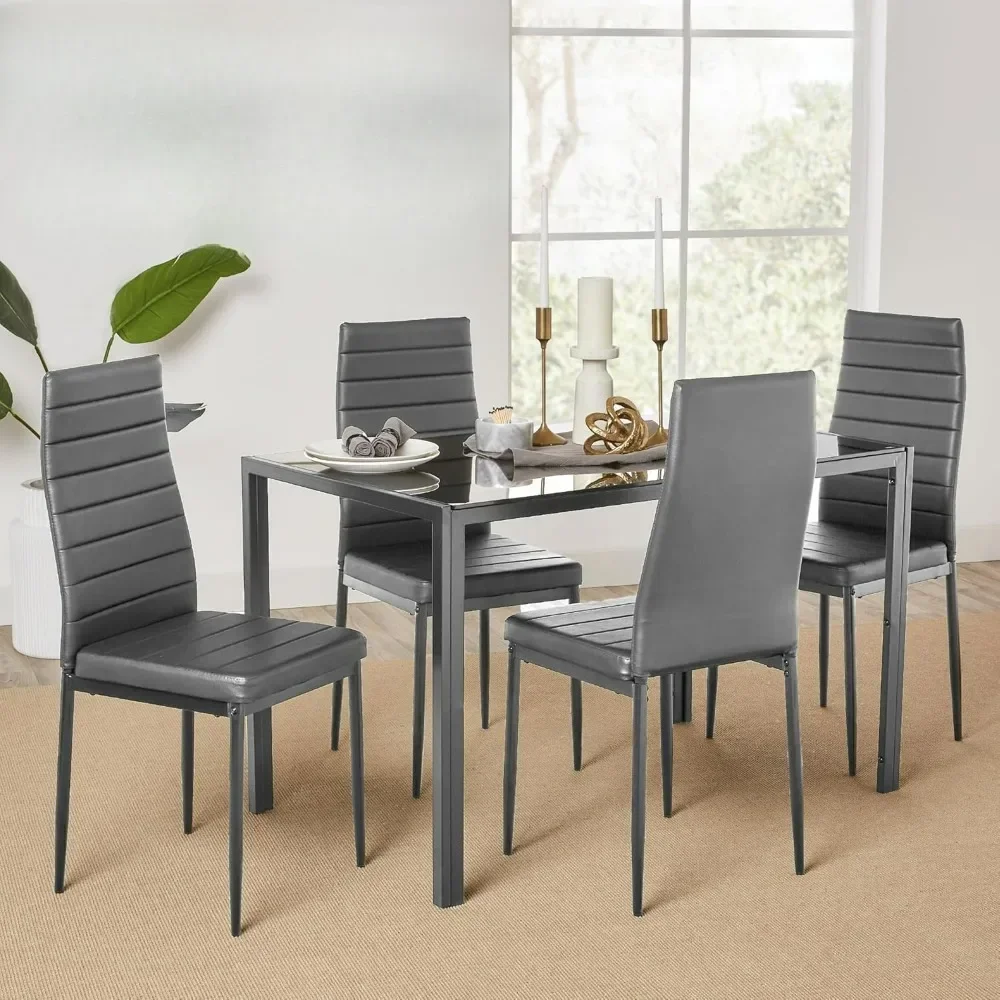 5-piece glass dining table set, modern kitchen dining table and chairs, 4 soft cushioned PU chairs, metal steel frame - gray