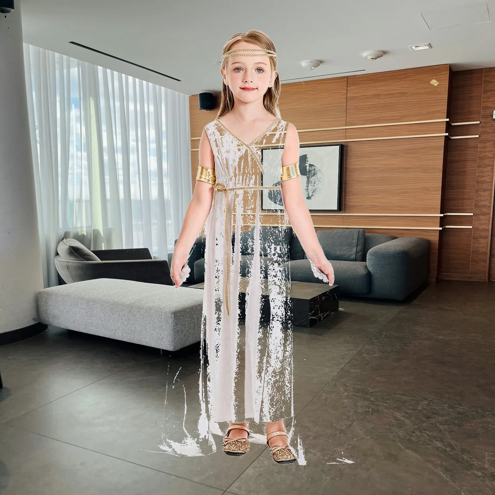 Cascading Greek Deity Costume | Elegant Gold Trim Accents, Lightweight Polyester Fabric, Toga Dress with Cape, for Halloween