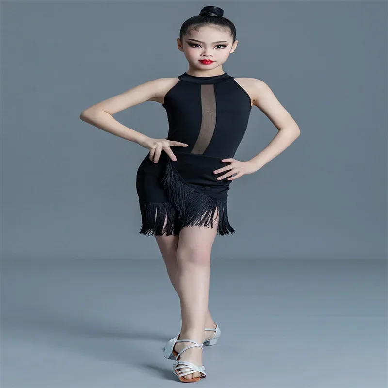 فتاة مثير اللاتينية فستان رقص أسود الأطفال المنافسة المهنية قاعة الرقص فساتين شرابة Tanggo تشا تشا الفالس Dancewear