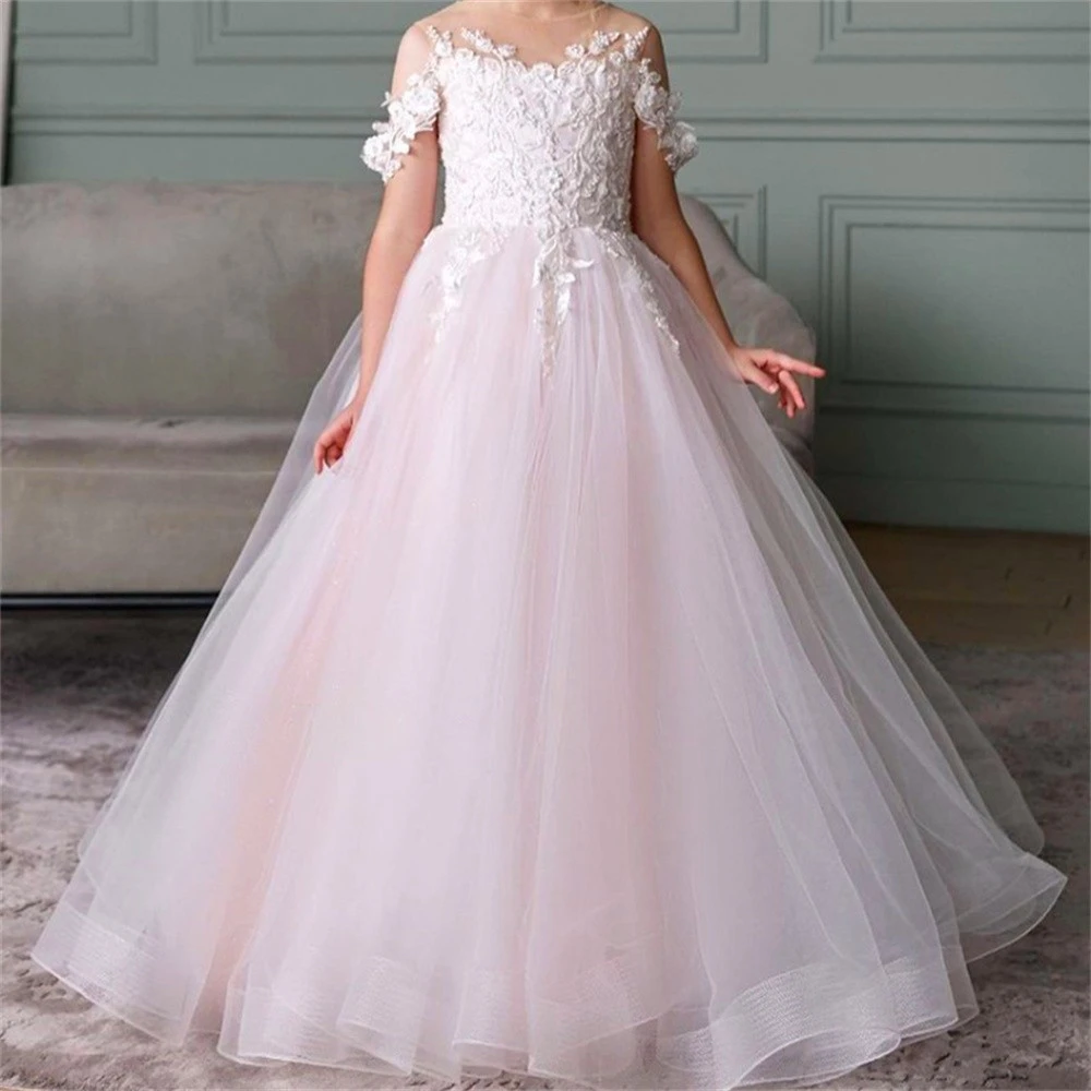 

Elegant Tulle Lace Lace Shoulder Exposed Flower Girl Dress Princess Ball First Communion Dresses Kids Surprise Birthday Present