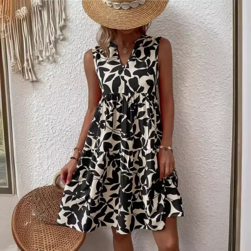Women Boho Print Mini Dress Summer Elegant Sleeveless V Neck Ruffle A Line Tank Dress Casual Loose Oversize Beach Party Sundress