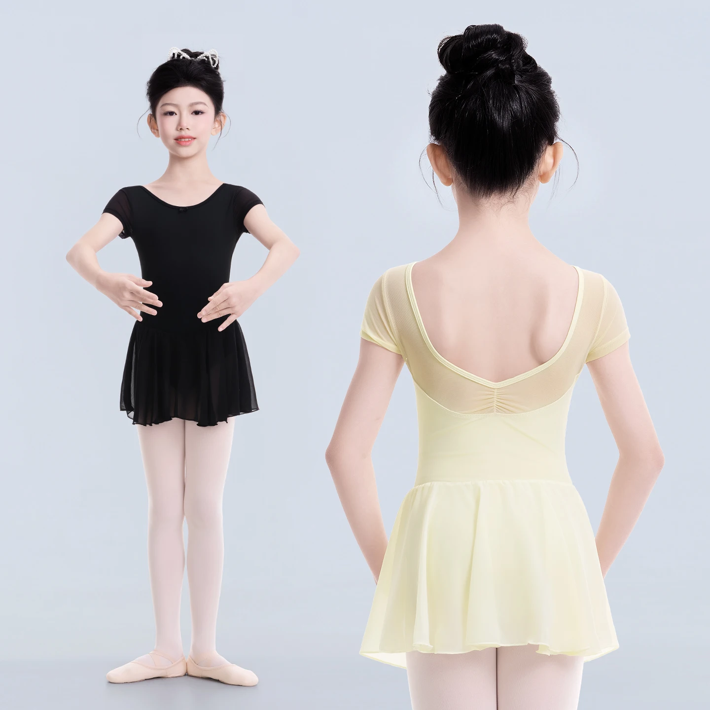 女の子バレエレオタード子供ナイロンメッシュシフォンスカート半袖ドレス体操トレーニングバレリーナボディスーツダンスウェア衣装