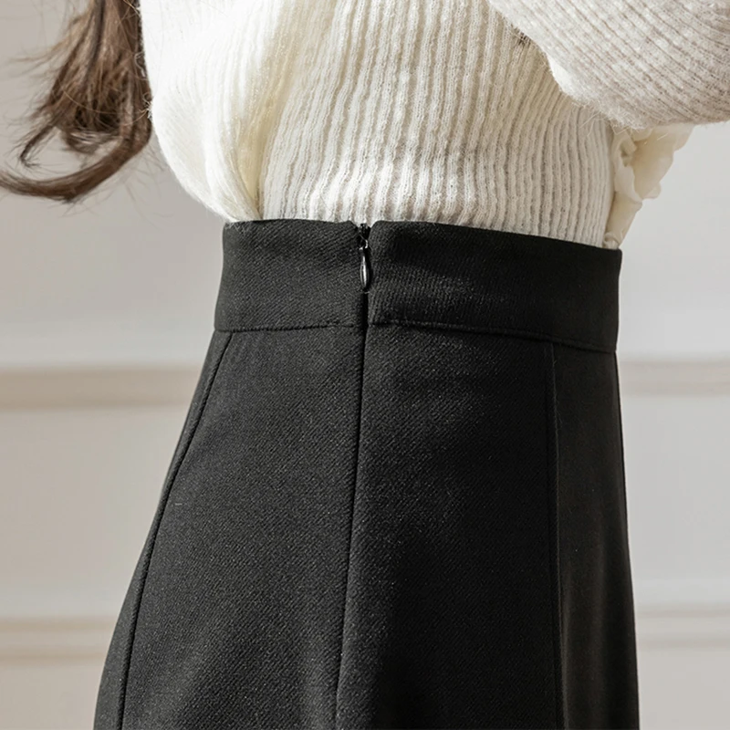 2025 Woolen Autumn Winter Skirt Woman Elegant A-line Office Umbrella Long Skirts High Waisted Spliced Brown Black Women's Skirt
