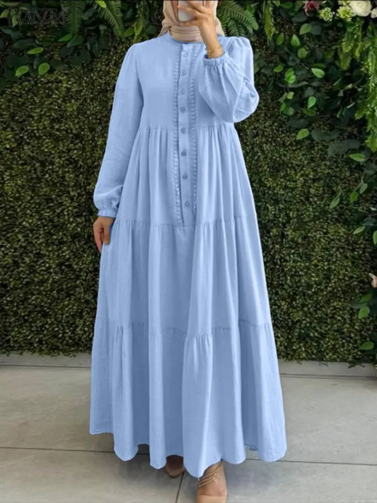 

ZANZEA 2026 Весенние свободные платья, модная мусульманская абайя, элегантный женский сарафан с длинным рукавом, женское макси-платье, кафтан