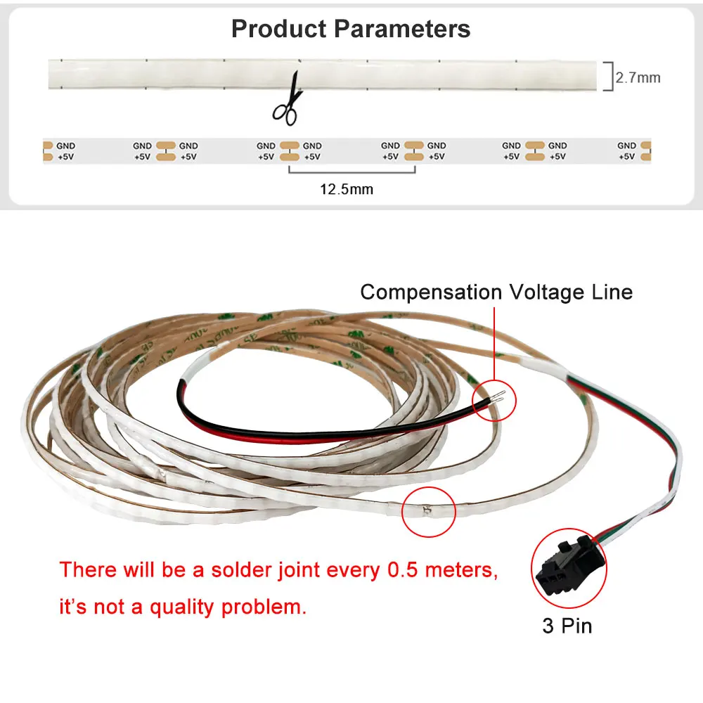 2.7mm COB LED Strip Ultra Narrow WS2812B Individually Addressable Flexible RGBIC Colorful Pixel Light 160Leds/M White PCB DC5V