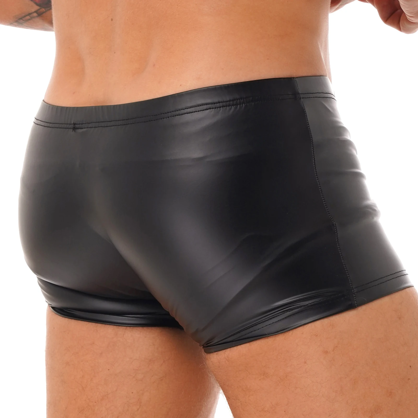 Sexy Herren Dessous Shorts Kunstleder Shorts Unterhose Unterwäsche Druckknopf mit Ausbuchtung beutel