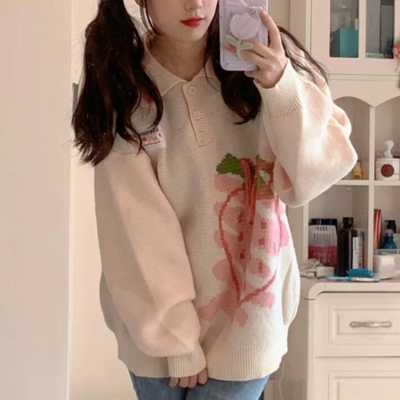 Strawberry Pullovers Women Baggy Casual Sweaters Y2k Clothes Harajuku College Lovely Streetwear Long Sleeve Japan Style Sweet