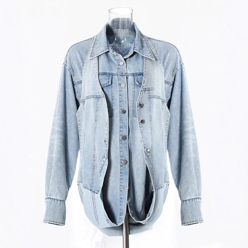 Halterneck Vest Denim Shirt 2025 Women Fashion Long Sleeve Songle Breated Casual Street Top Turn Down Collar
