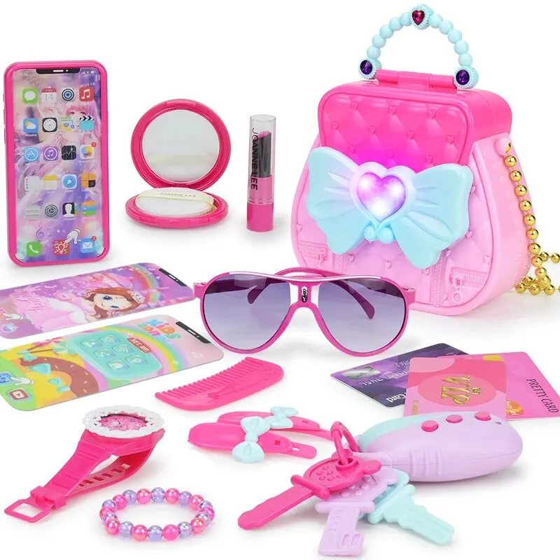 Girl Purse with Play Makeup Kit, Little Kids Pretend Make Up Handbags with Pink Cosmetics Accessories, Purse Toys