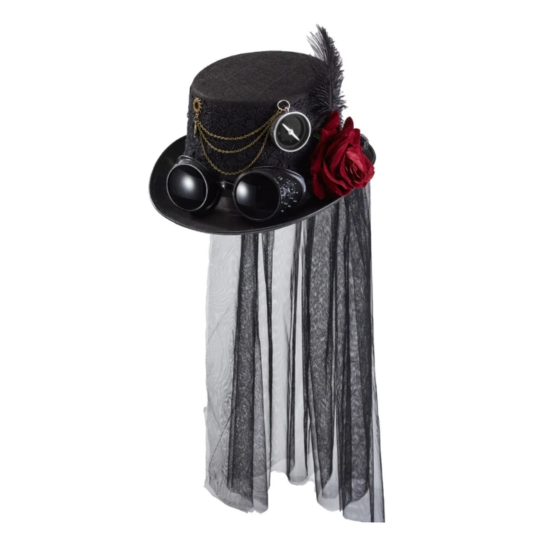 Top Hat Steampunk Flower Gothic Headdress Halloween Women Lace Veil for Head Fedora Hat Magician Cap Stage Performance