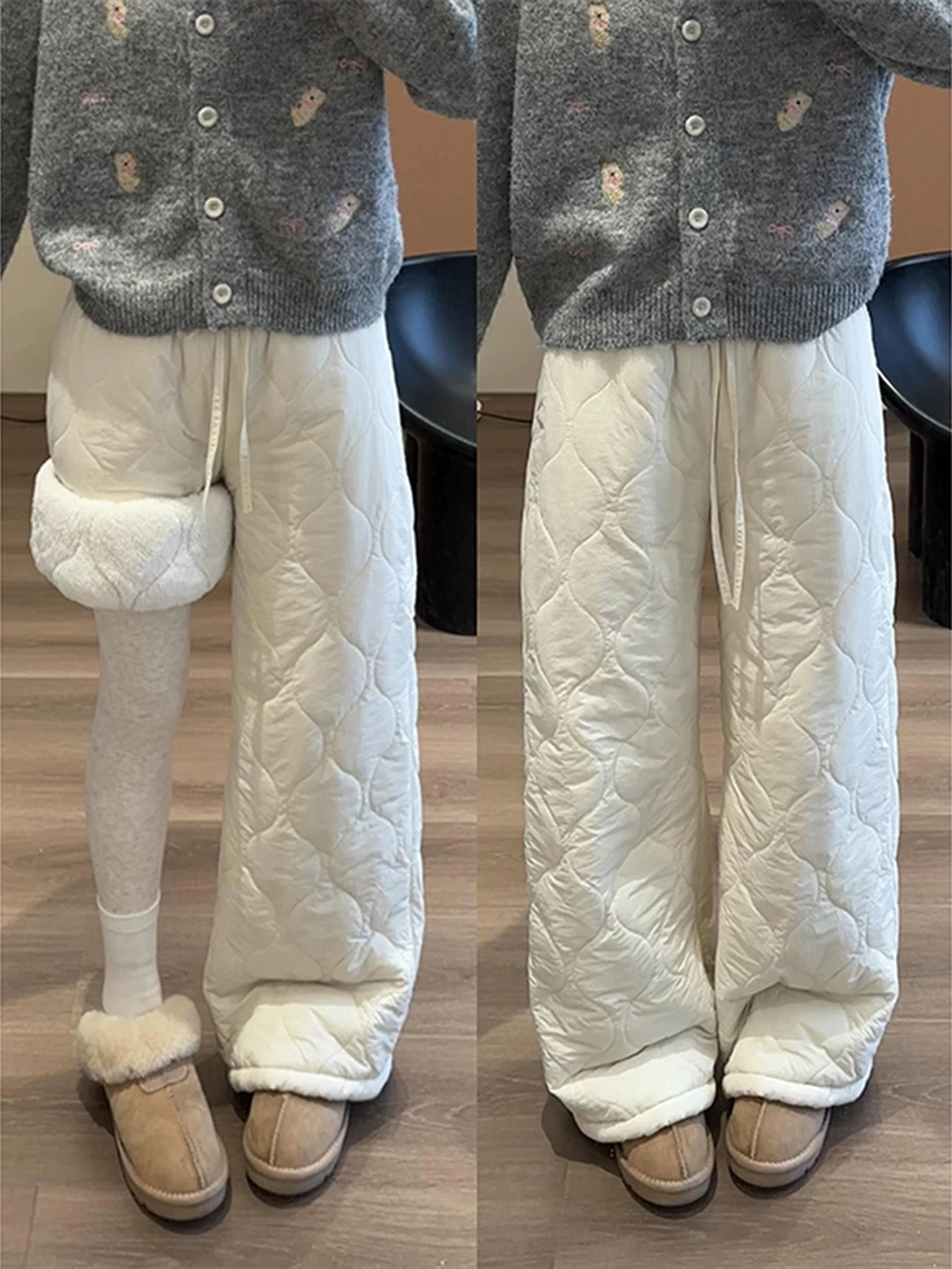 بنطلون نسائي شتوي من الفرو الناعم مبطن بريش الإوز للرياضات الخارجية والتزلج على الثلج، مقاوم للرياح باللون الوردي