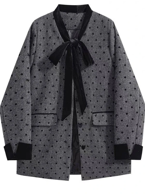 

plus Size Women's Loose Cotton Jaet Midi Length with Bow Tie Polka Dot Pattern Korean Sle Commute Thiened Polyester