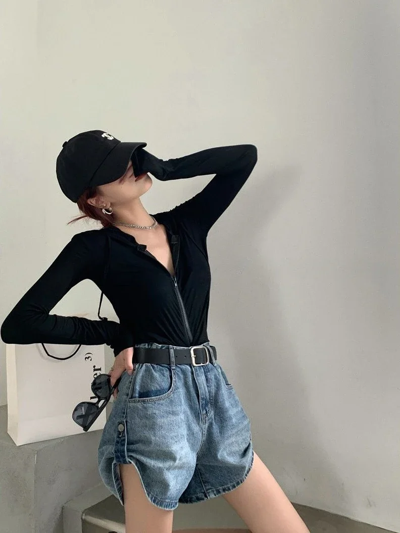 Pantaloncini da donna a gamba larga a trapezio in denim a vita alta con bottoni in difficoltà retrò allentati stile coreano per il tempo libero Hotsweet Summer High Street