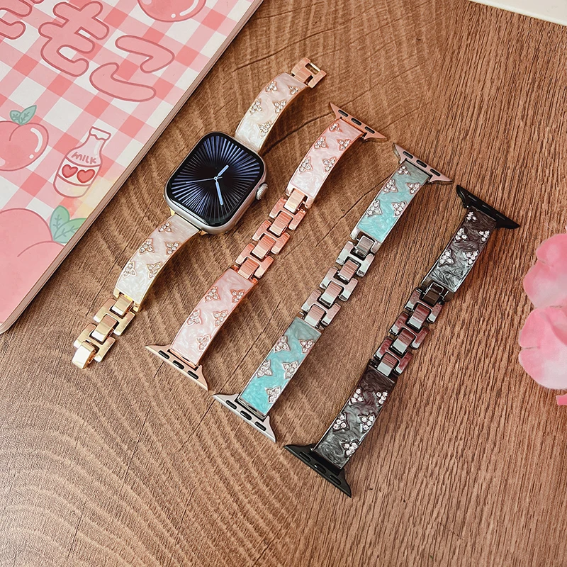 Роскошный костюм с ремешком из позолоченных бриллиантов для всех диапазонов серии Apple Watch Стильный позолоченный браслет с бриллиантами в форме листа Металлический ремешок