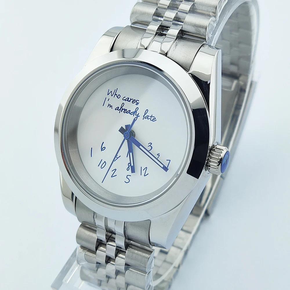 

39mm nh35 Watch Who Cares Watch No Logo Blue Text Dial Sapphire Crystal Glass Automatic Movement