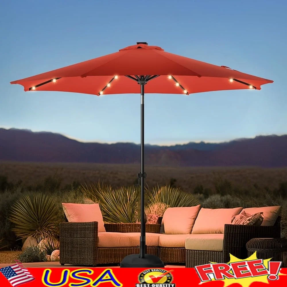 

9 футов солнечный светодиодный зонт для патио с базовой системой наклона, 32 ярких огня, прочный уличный рынок, зонт, палуба, бассейн, сад