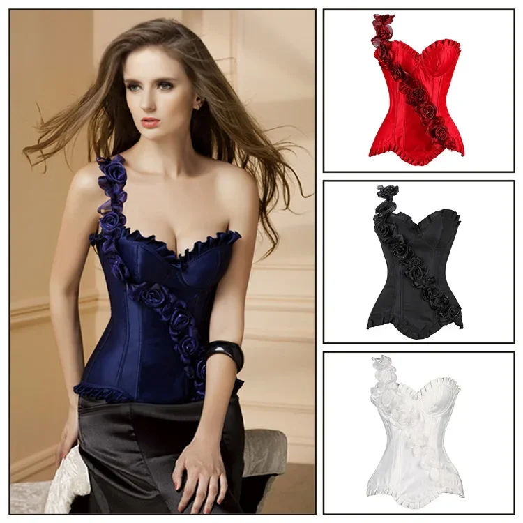 Luxury Floral Corset Satin Women Sexy One Shoulder Overbust Lace Up Bustier Top Shapewear Clubwear Party Club Night Corselet