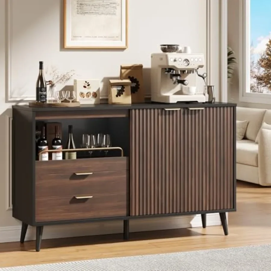 55 Inch Coffee Bar Cabinet with Drawers for Home Bar Use, Engineered Wood in Matte Black, Soft-Close Slides and Hidden Storage