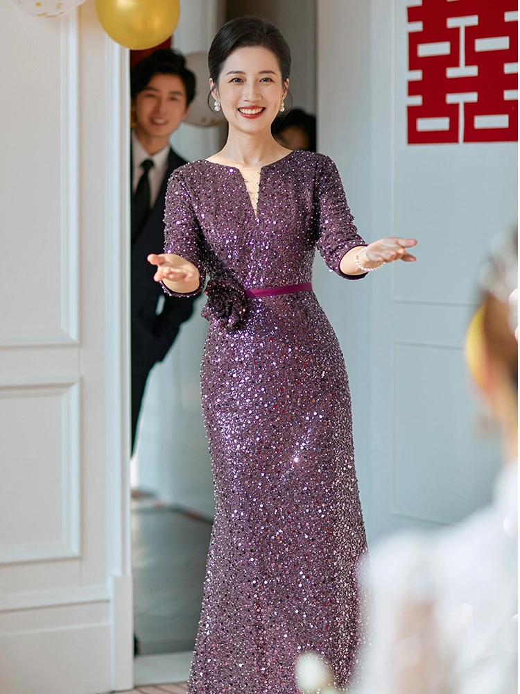 Robes de soirée de mariage à paillettes brillantes, robes de mère du marié violet avec manches, élégantes, longueur au rinçage, 2023