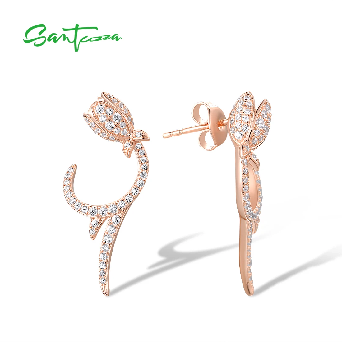 SANTUZZA Authentic 925 Sterling Silver Earrings For Women Sparkling White CZ Tulip Flower Rose Gold Plated Unique Fine Jewelry