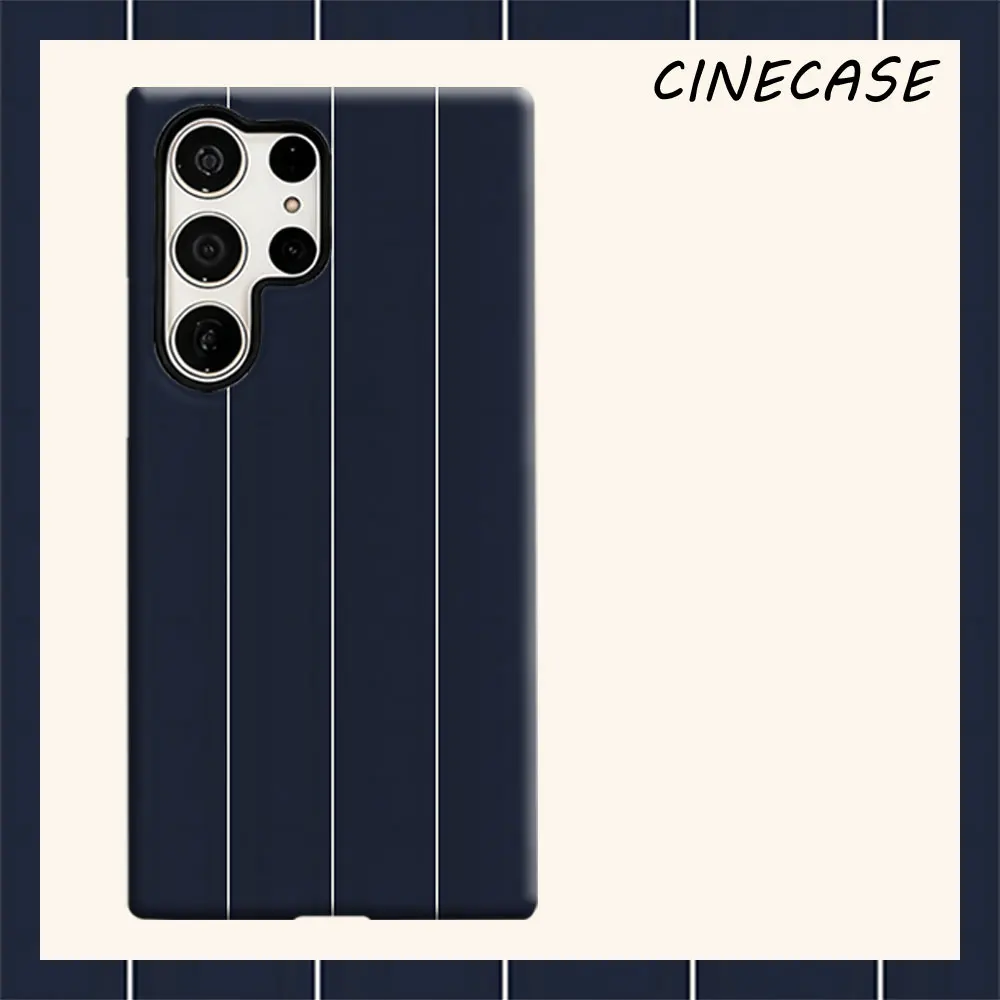 Navy Thin Vertical Stripe For Samsung Galaxy S26 S25 S24 A56 A36 Dual Layer Luxury Fashion Full Lens Protective Case