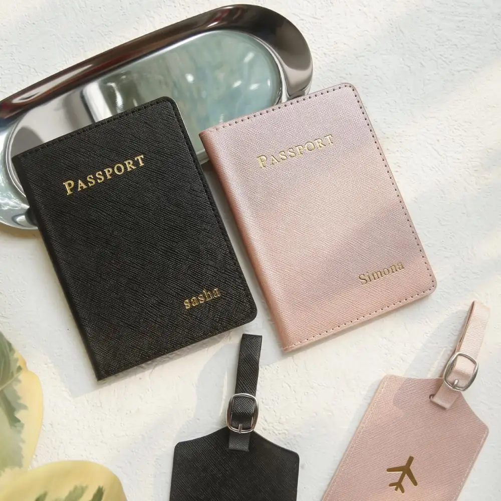 Personalized Custom Name 4Pcs Travel Set Passport Holder + Luggage Tag + Sleep Eye Mask + Storage Bag Bridesmaid Wedding Gift