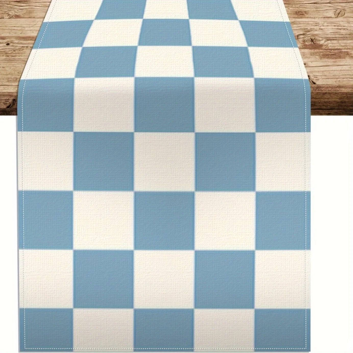Blue White Checkered Linen Table Runner - Textured Dining Pa
