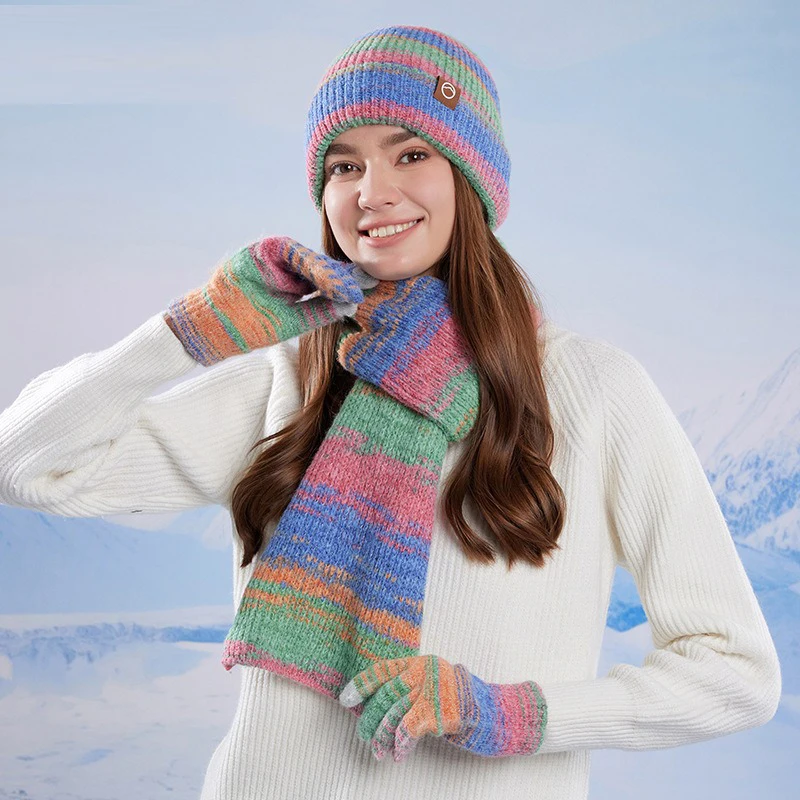

2025 Winter fashion woolen hat for women outdoor warm ear protection knitted hat touchscreen gloves hat and scarf set