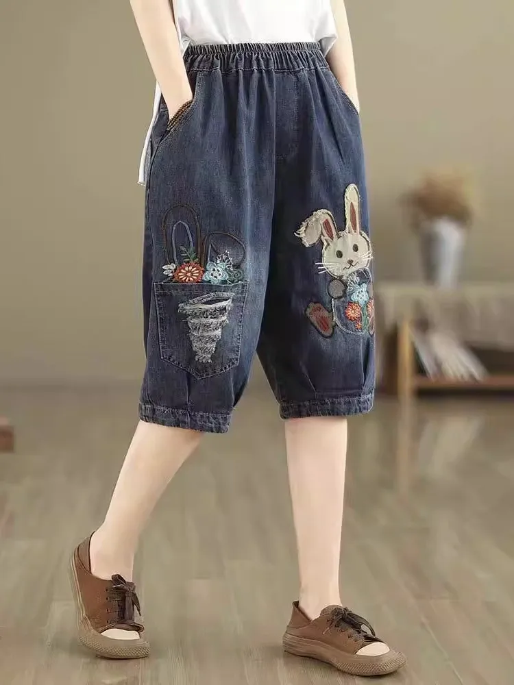 Summer Thin Cartoon Embroidered Loose Casual High Waist Harem Shorts Women's Five-Quarter Length Jeans Style Loose Fit Shorts