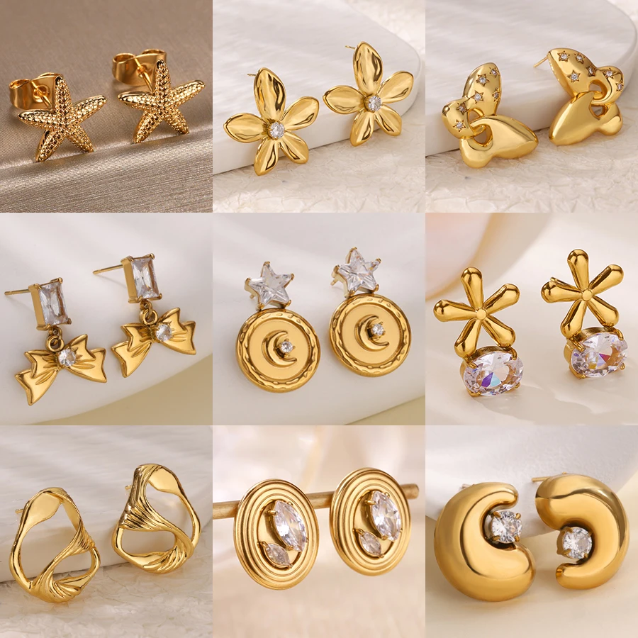 Mode Zirkon Ohrringe für Frauen Gold Farbe Edelstahl Ohrringe Trendy Luxus Hochzeit Schmuck Zubehör aretes muje