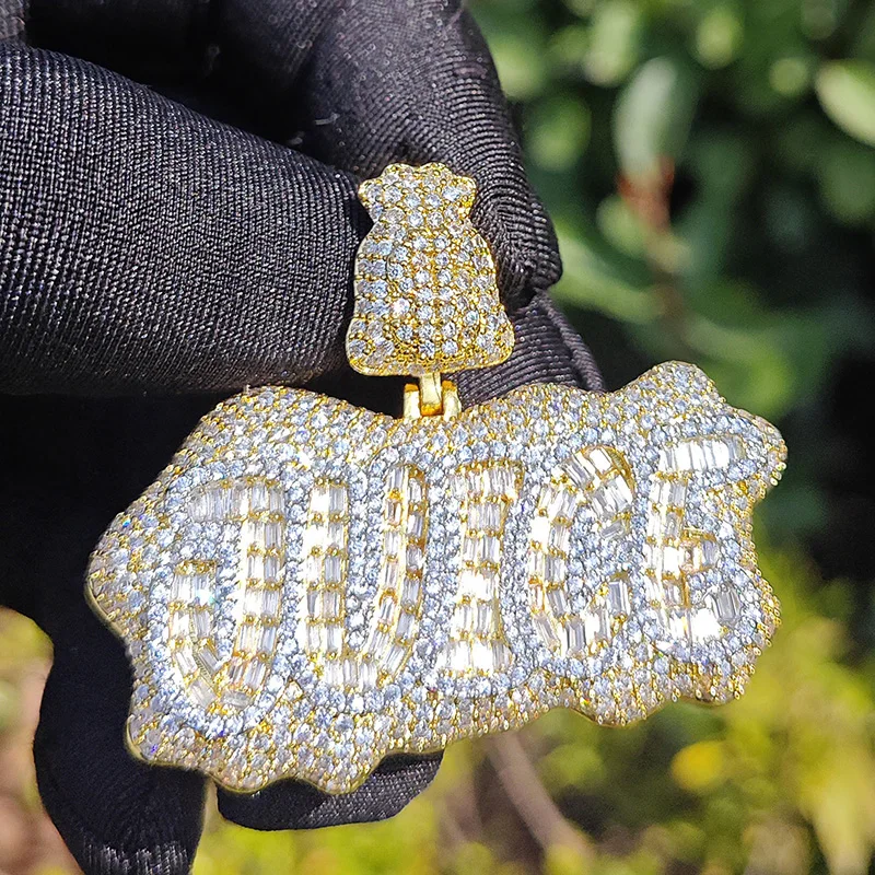 Hip Hop 3A+ CZ Stone Paved Bling Iced Out Juice Letter Pendant Necklace for Men Women Unisex Rapper Jewelry Gold Silver Color