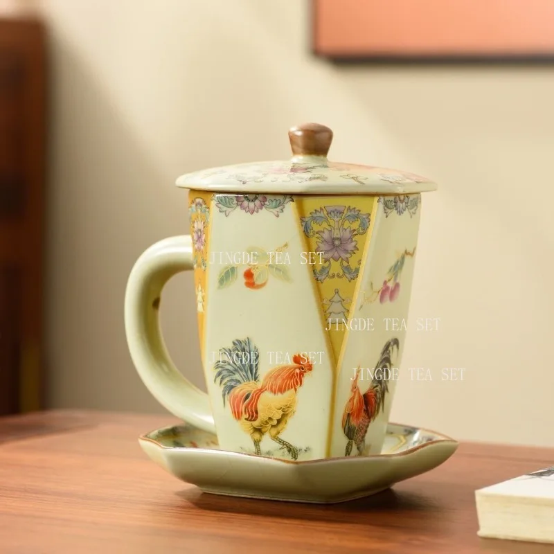320ml Ceramic Lidded Tea Mug with Saucer Oriental Rooster and Floral Pattern Faceted Office Cup with Lid for Loose Leaf Tea