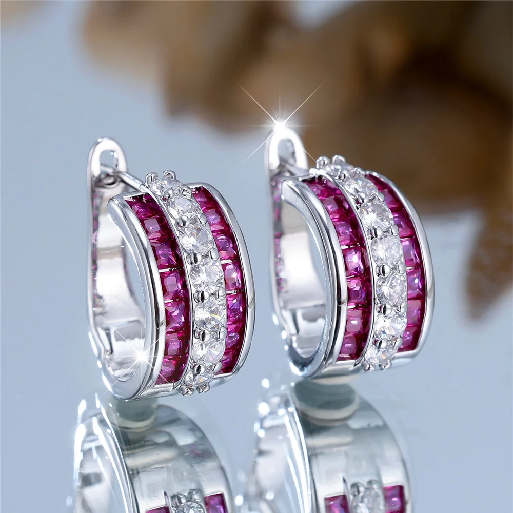 Charm Hot Pink Zircon Hoop Earrings for Women Temperament Elegant Crystal Earrings Huggie Party Anniverasry Jewelry Gift