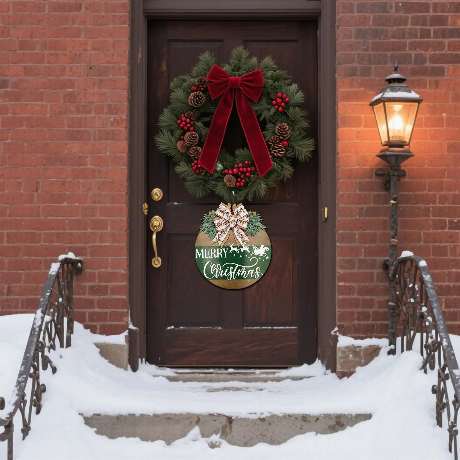 Christmas Door Decorations Christmas Door Hanger Wooden Craft With Bow And Fake Plant Reindeer Pattern For Living Room Party