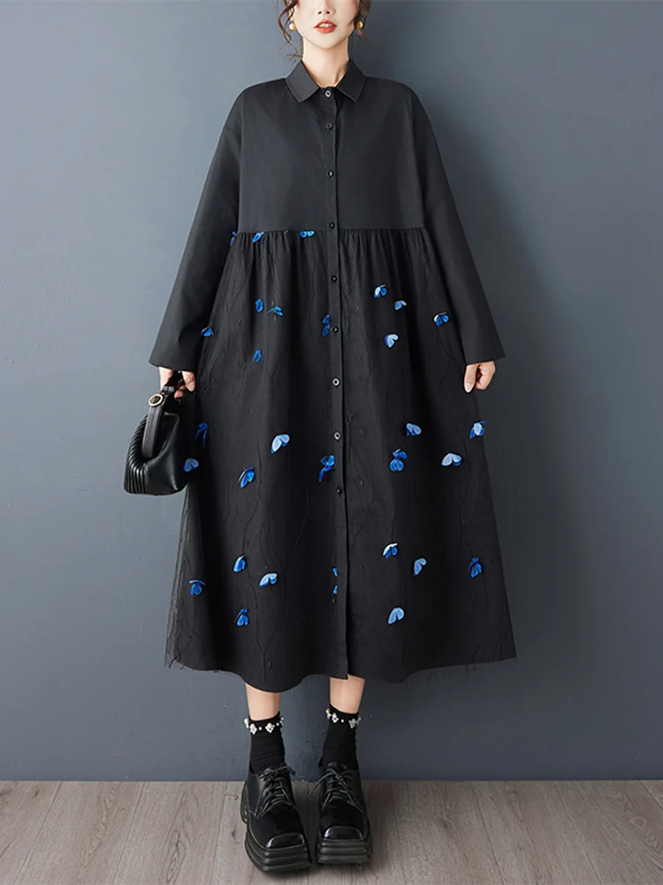 شبكة المرقعة المتضخم خمر قميص فساتين للنساء جديد كم طويل فضفاض فستان كاجوال ملابس أنيقة ربيع الخريف 2025 #5